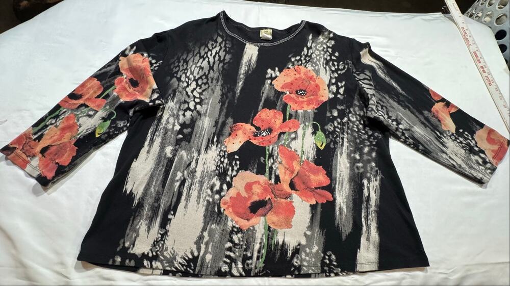 Jess & Jane Women’s 3X Top 100% Cotton Rising Flowers Rhinestones Y2K Poppy Plus